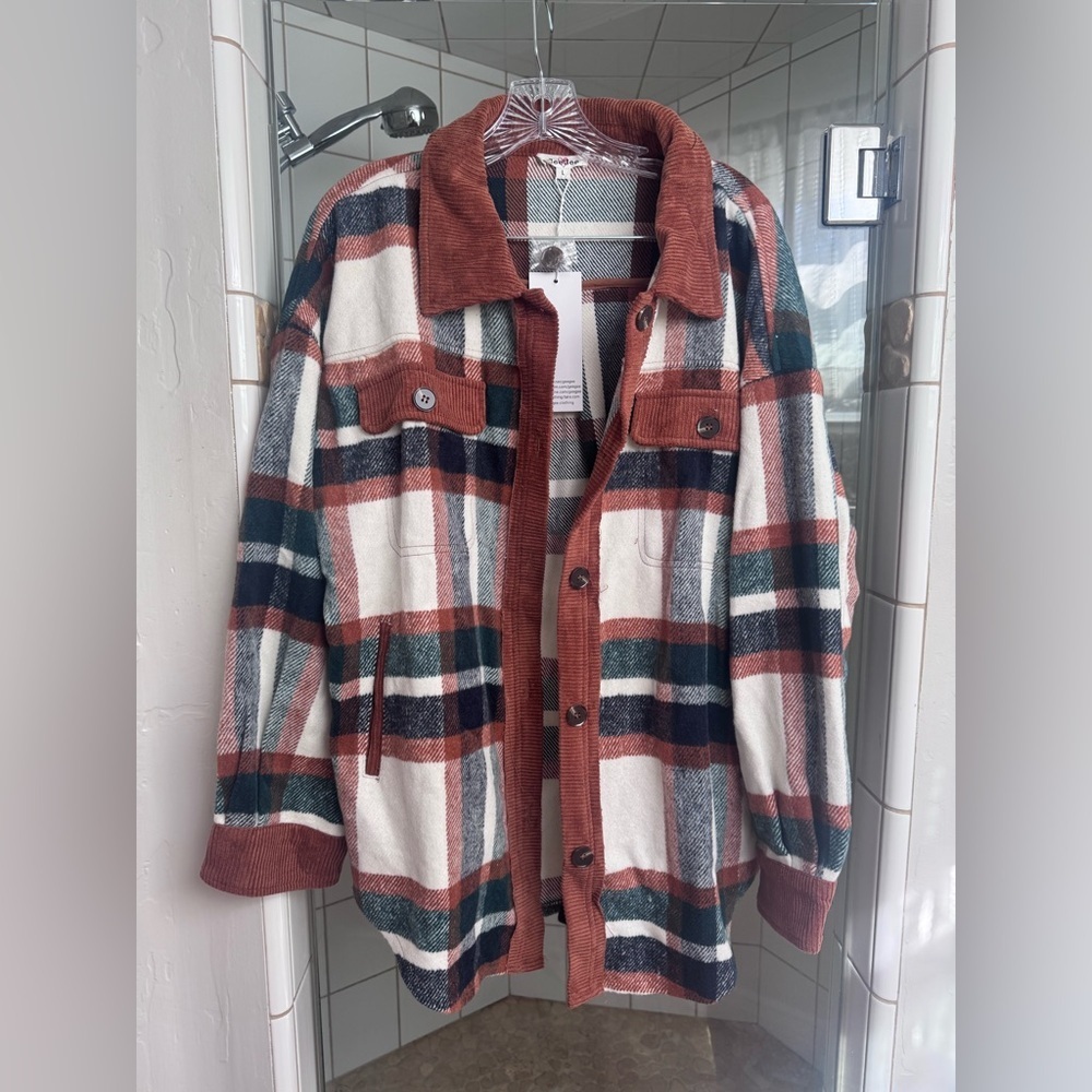 GeeGee Navy Rust and Cream Plaid Button-Up Jacket with Corduroy Collar large - Picture 2 of 4